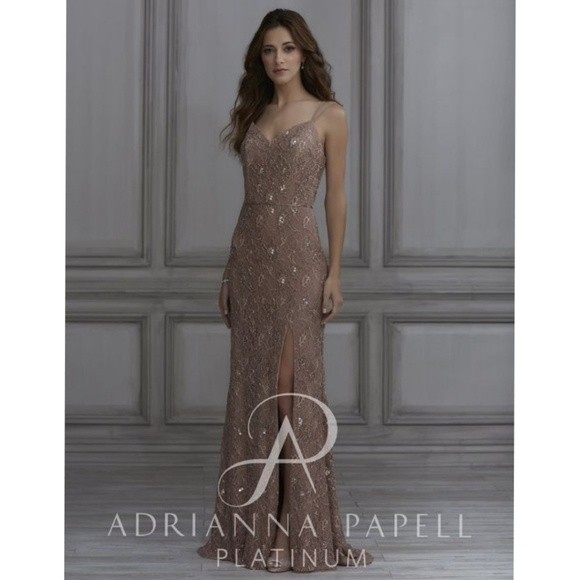 Nwt Adrianna Papell Platinum Beaded Lace Evening Dress